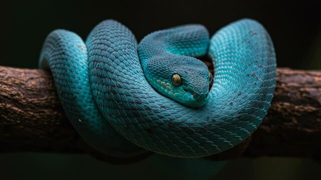Vibrant Blue Viper Coiled on a Branch Close Up With Scale Details in Softly Blurred Background