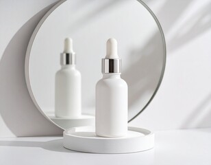 Serum bottle on a mirror with reflection 