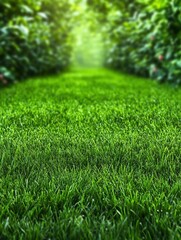 Lush Green Grass Pathway Surrounded by Vibrant Foliage and Natural Light