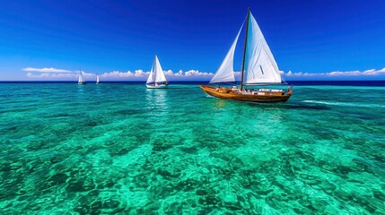Sailing Boats on Clear Turquoise Water Under Bright Blue Sky and Fluffy Clouds