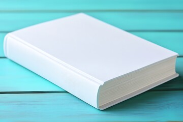 Fototapeta premium Crisp white book lying atop a textured turquoise painted wooden surface