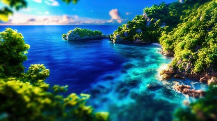 Serene Coastal Landscape with Lush Greenery and Tranquil Blue Waters at Dusk