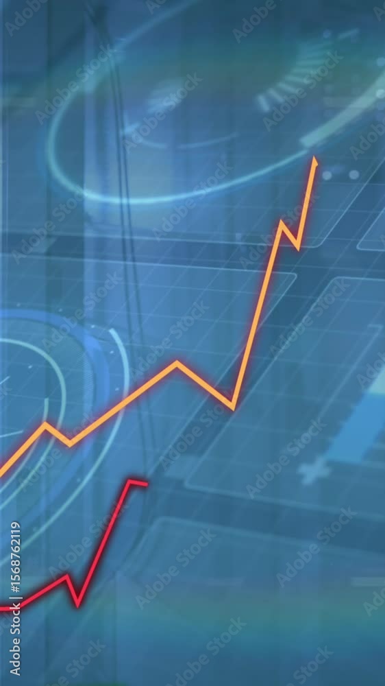Poster animation of graphs moving over interface with data processing against computer server room