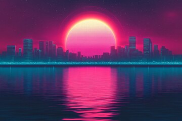 Retrofuturistic city skyline at sunset