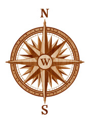 Intricate Wooden Compass Rose on Transparent Background, PNG