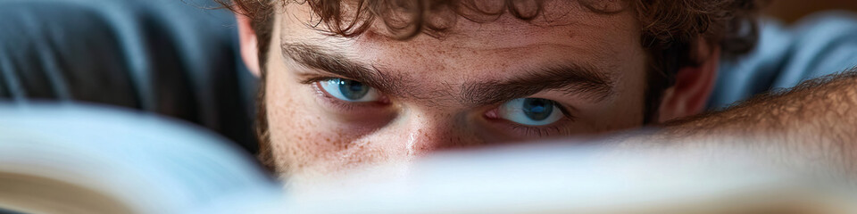 Obraz premium Close-up Portrait of a Man's Face Partially Hidden Behind a Book