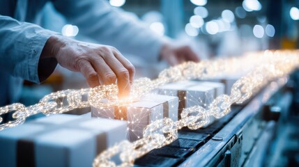 A worker interacts with boxes on a conveyor belt, linked by a chain of interconnected data points.