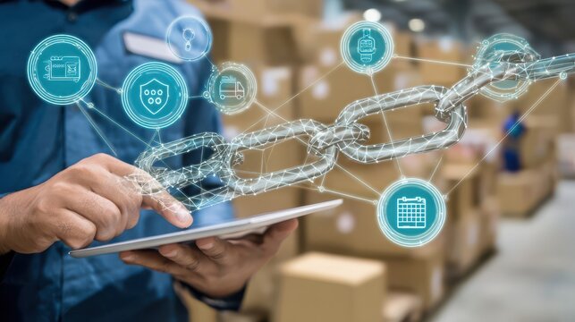 Person interacting with a digital supply chain visualization on a tablet.