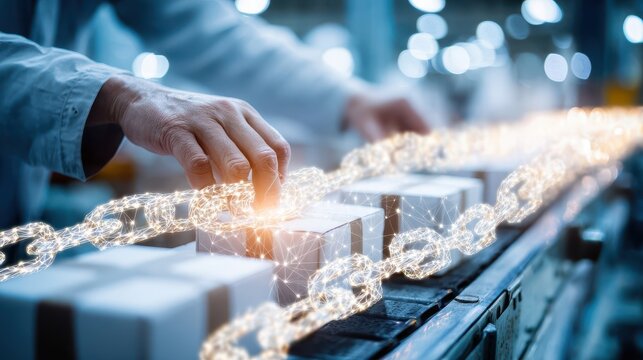 A worker interacts with boxes on a conveyor belt, linked by a chain of interconnected data points.