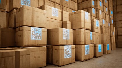Cardboard boxes stacked high, each displaying a qr code.