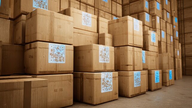 Cardboard boxes stacked high, each displaying a qr code.