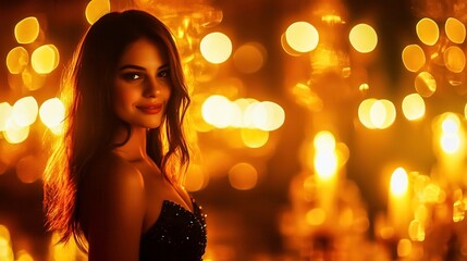 Beautiful woman with long hair in a sparkling dress against warm glowing lights