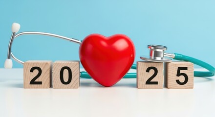 Wooden blocks with 2025 and a heart with a stethoscope