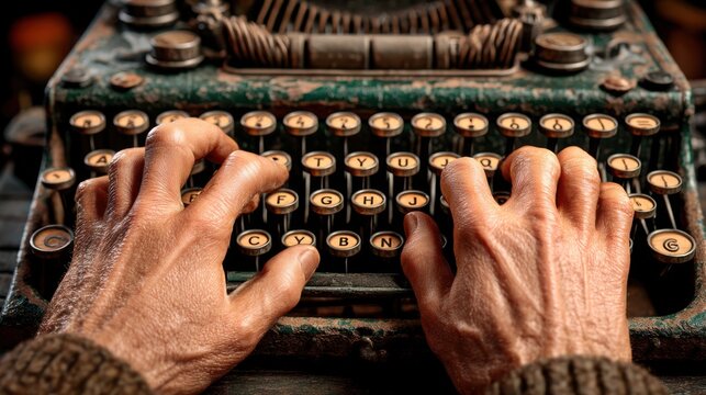 A person types on an old-fashioned typewriter with their hands, capturing a vintage writing scene