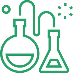 Green outline icon of laboratory flasks connected by a tube with bubbles