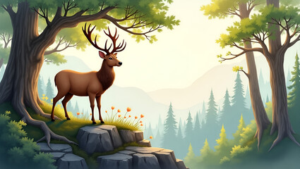 Deer on a Rocky Hillside with Lush Trees in a Serene Forest Landscape Watercolor Painting