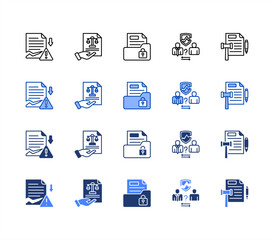 Business contract icon sheet multiple style collection. Damages, Enforcement, Confidential, Dispute, Legal document.