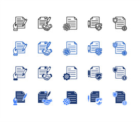 Business contract icon sheet multiple style collection. Contract, Agreement, Termination, Breach, Indemnity.