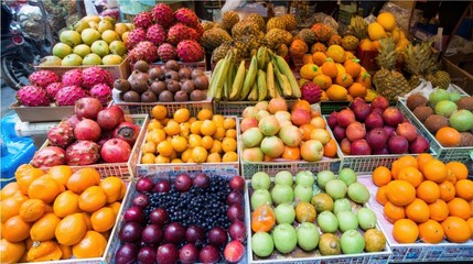 Colorful display of fresh fruits in a market stall.
