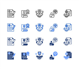 Business contract icon sheet multiple style collection. Invoice, Guarantee, Commitment, Legal advice, Business contract.	