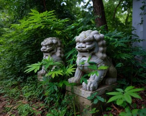 Obraz premium Two stone guardian lions in lush greenery