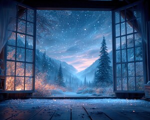 Winter wonderland view through a window
