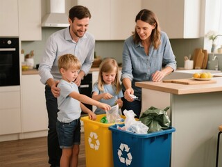 Family sorting waste for recycling at home