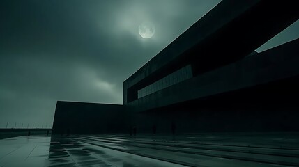 Obraz premium Modern concrete structure on a wet evening with full moon evokes quiet contemplation and