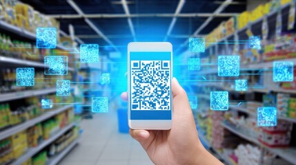 Smartphone displaying a qr code in a supermarket setting.