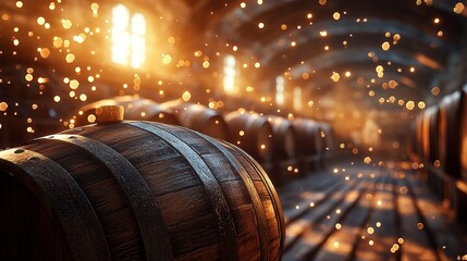Barrels in Wine Cellar with Bokeh Lights and Warm Glow for Decor and Design