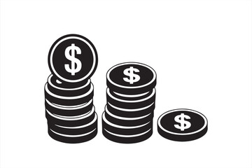 Monochrome icon stacks of coins with one fallen forward, symbolizing loss or economic imbalance
