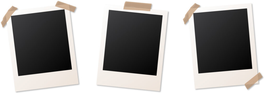 Empty photo frame set on white background. Polaroid photo frame with sticky tape. Template photo design