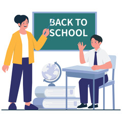 Back to School Illustration. Vector illustration of A smiling teacher welcomes a student back to class in front of a blackboard and study materials. Isolated on background