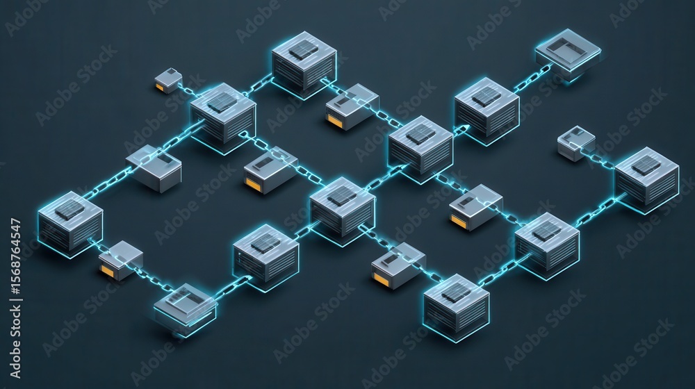 Aufkleber interconnected data blocks linked by a chain network.