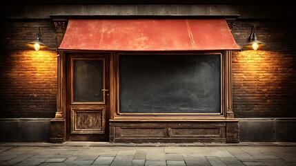 Rustic storefront facade featuring a blank chalkboard sign under a red awning, illuminated by vintage wall lamps, set against a brick wall and stone pavement.