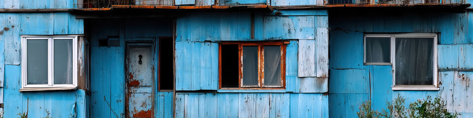 Dilapidated Light-Blue Building Facade with Windows and Door