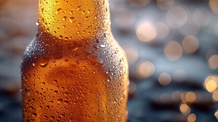 Close-up of a Frosty Beer Bottle with Water Drops, Perfect for Beverage Ads or Summer-themed Projects
