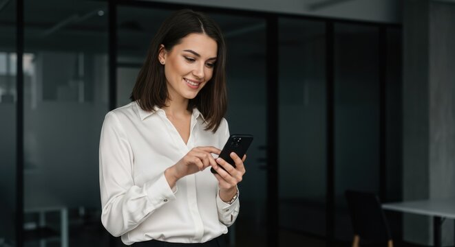 Photo of woman using smartphone in office