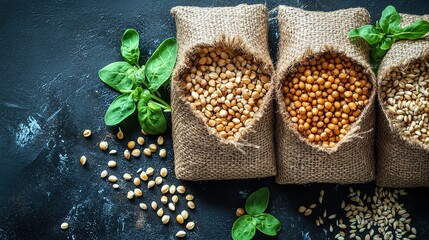 Burlap Bags of Lentils, Beans, and Grains with Fresh Spinach on Dark Background for Cooking and Healthy Eating