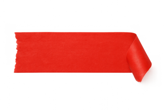Red masking tape with a curled edge is placed on a transparent background, creating a simple yet striking visual