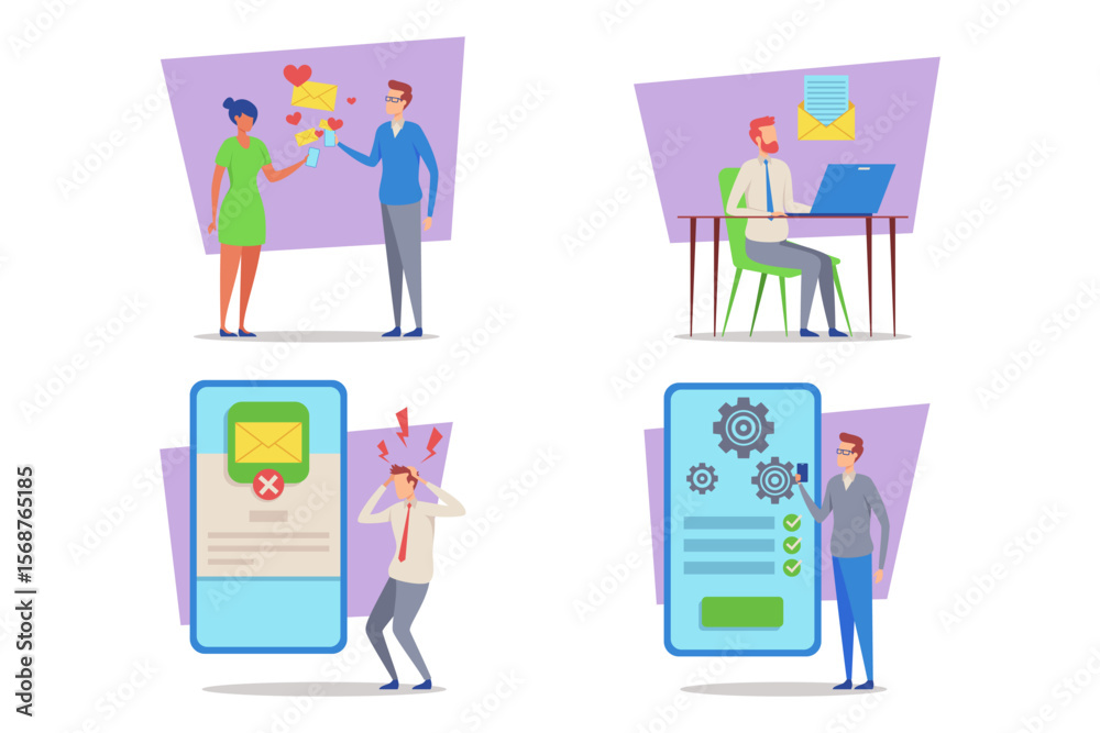 Poster collection of different aspects of communication. characters sending messages, dealing with issues, 