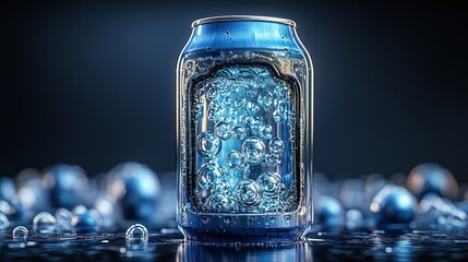 3D Rendering of a Transparent Blue Beverage Can with Bubbles, Ideal for Graphic Design, Advertising, or Packaging Projects