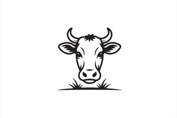 Centered Black Line Drawing of a Calm Cow Head with Soft Features and Horns, Ideal for Modern Farm Illustrations and Rustic Brand Identity