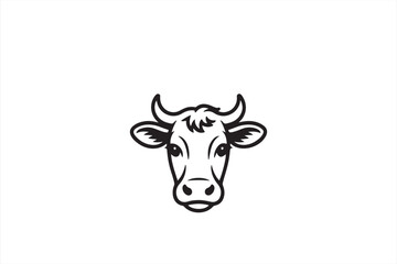 Minimalist Black and White Cow Head Line Drawing with Ground Grass Elements, Perfect for Farm Branding, Dairy Logos, or Organic Packaging