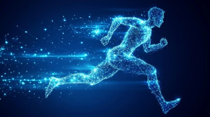Digital human runner with glowing blue lines and motion effect, representing speed and technology in sports