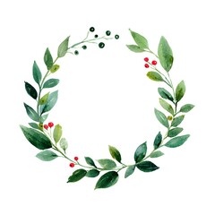 A simple, cute, and adorable watercolor wreath, featuring greenery and berries