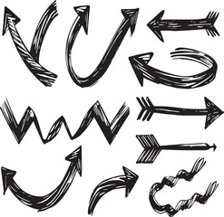 Various hand drawn black ink arrows pointing in different directions on a white background surface