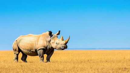 Obraz premium White rhinoceros stands in a golden savanna.