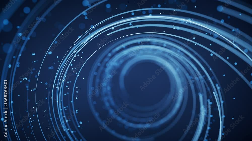 Poster rotating glowing vortex lines and particles background, 3d rendering.