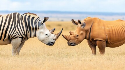 Fototapeta premium Two rhinoceroses in a savanna, one with zebra-like stripes.